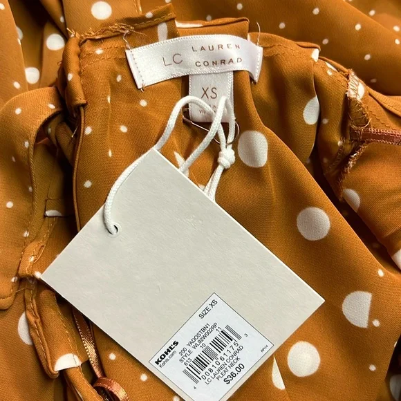 NWT LC Lauren Conrad Burnt Orange Polka Dot Print Pleat Neck Blouse - Picture 15 of 16